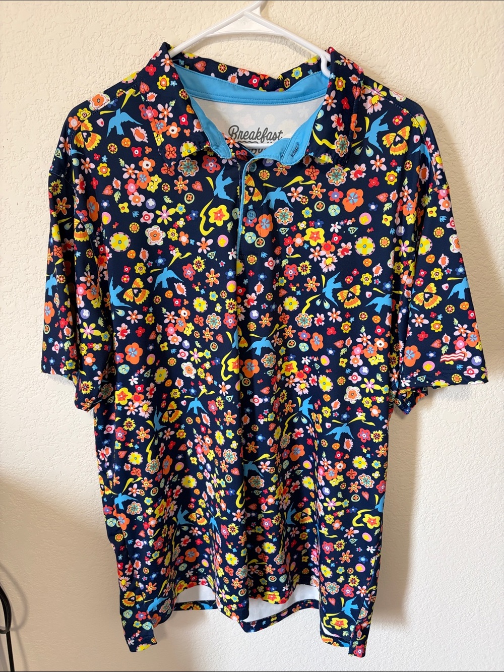 Breakfast Balls Men’s Navy Floral & Bird Print Men's Polo